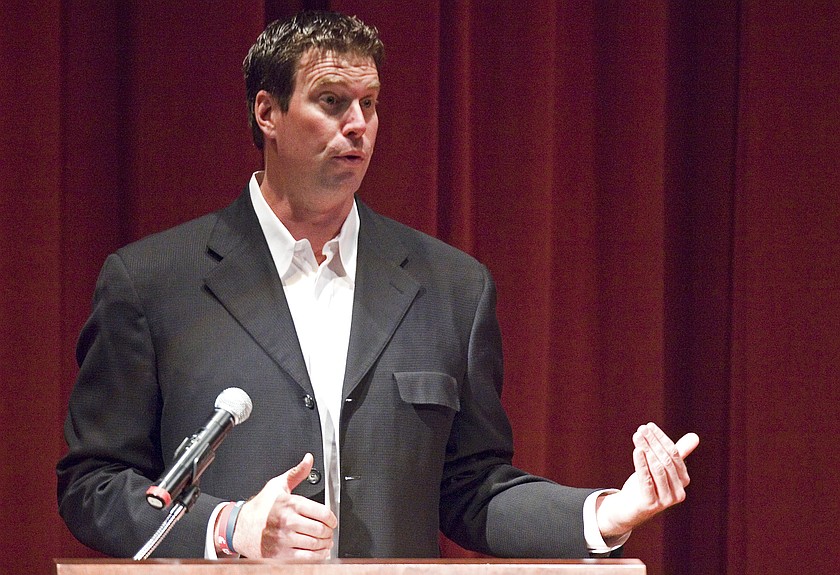 FILE - In this Oct. 13, 2011, file photo, former Washington State quarterback Ryan Leaf speaks about his first book, "596 Switch," in Pullman, Wash.