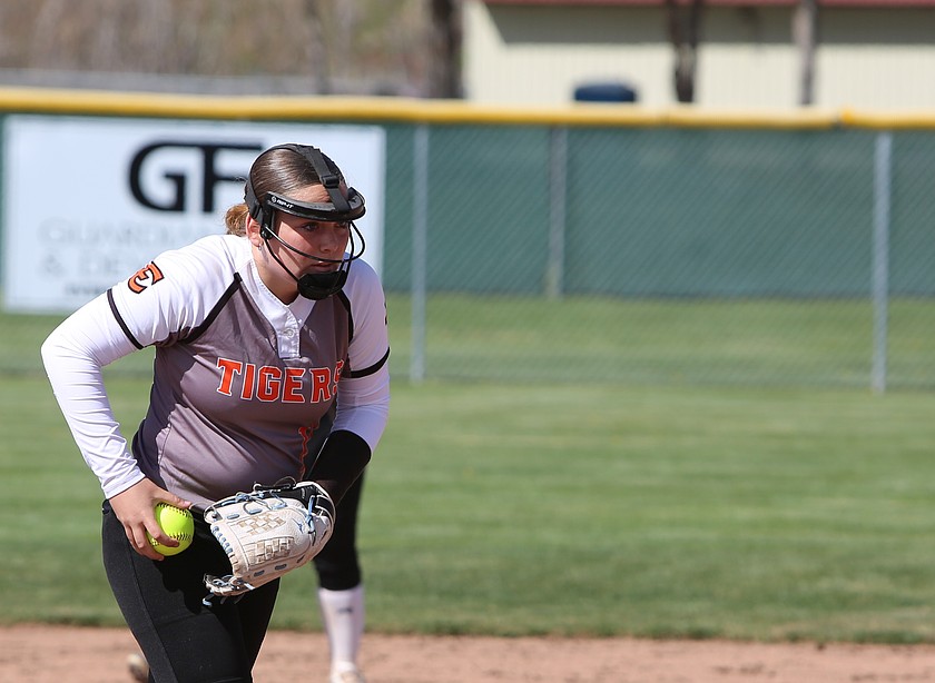 The Tigers’ Haley Trusty (11) sets herself in the pitching circle during their game against Prosser earlier this season. The Tigers fell in a doubleheader to Ellensburg on the road Saturday.