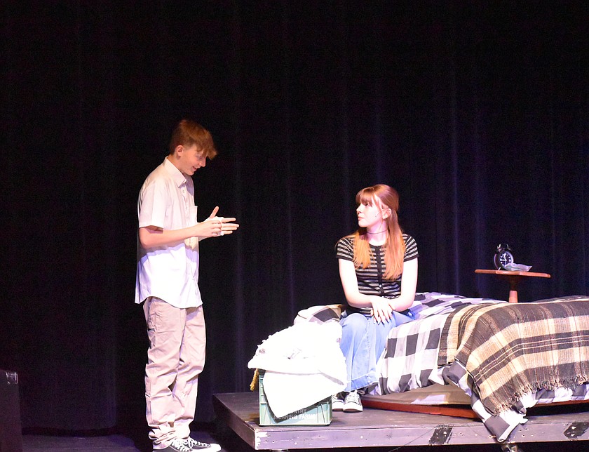 Evan Hansen (Kaleb Stansberry, left) and Zoe Murphy (Emma Leavitt) discover how much they have in common in the Basin Community Theatre production of “Dear Evan Hansen,” opening tonight.