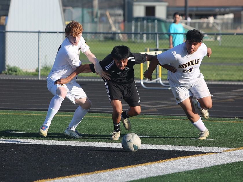 The Royal Knights’ Brian Amado (8) battles with two Oroville defenders for possession of the ball. The Knights defeated Oroville 6-0 in the first round of the 1A District 5 tournament.