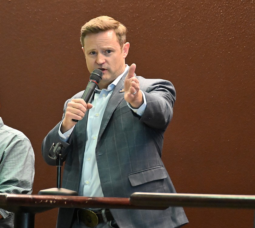 Aaron Flint speaks at a Republican candidate forum on May 4, 2026. (Hailey Smalley/Daily Inter Lake)