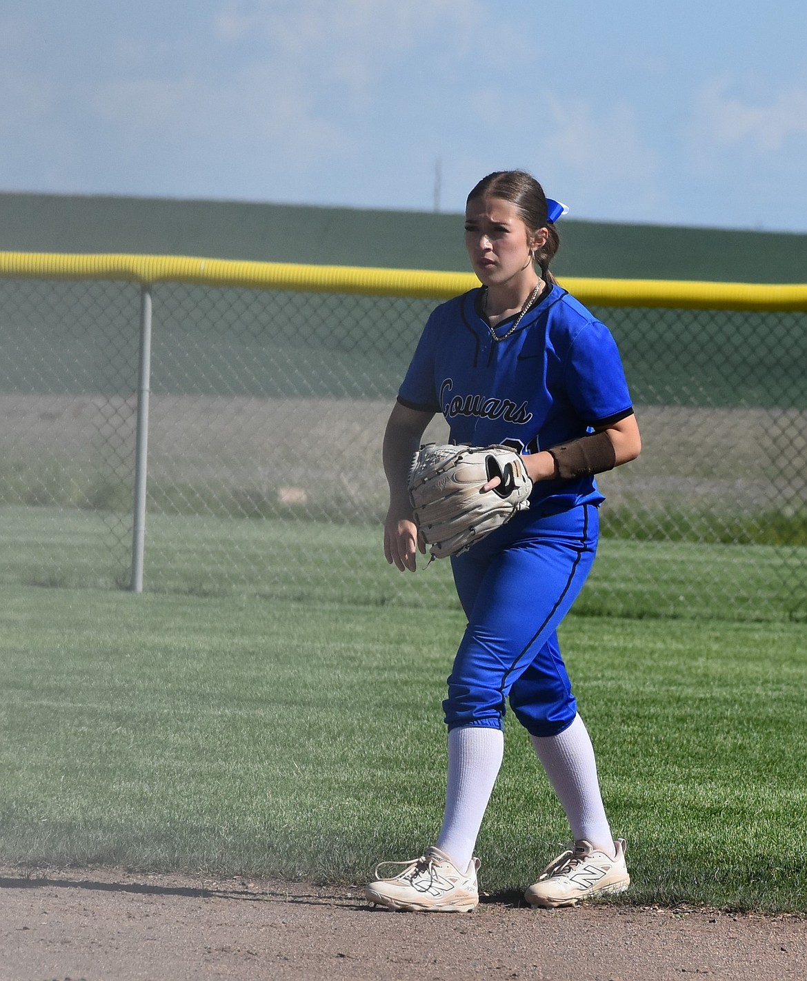 Miranda Martinez from the Cougars stands ready near the diamond to potentially catch a ball against Goldendale Tuesday afternoon.