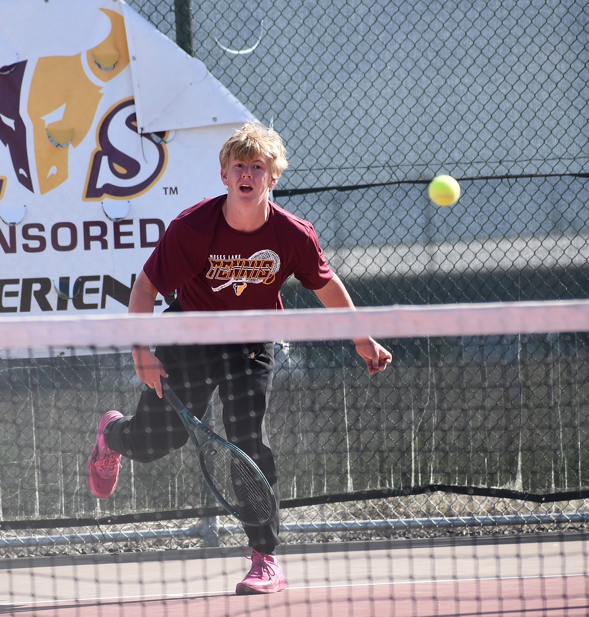 Moses Lake’s Sam Molitor smacks the ball back over the net in a prior home meet. Molitor will play in boys singles at districts.