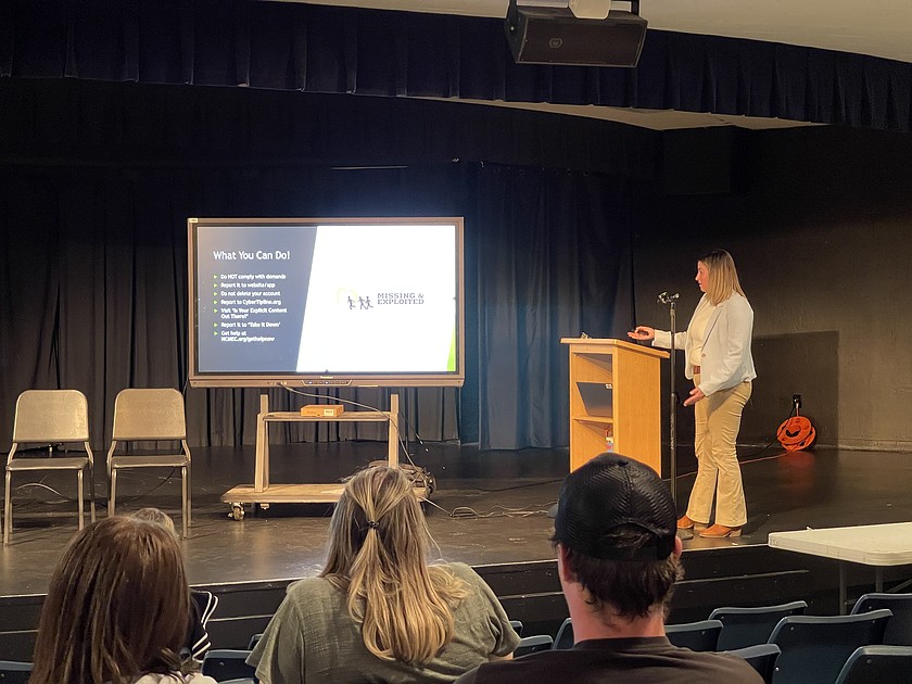 Detective Katrina Ball leads a presentation on online safety for parents to protect their youth on Wednesday night. She said crimes against children on the internet are happening in Grant County, and parents need to be engaging with their children to ensure they don’t become a victim.