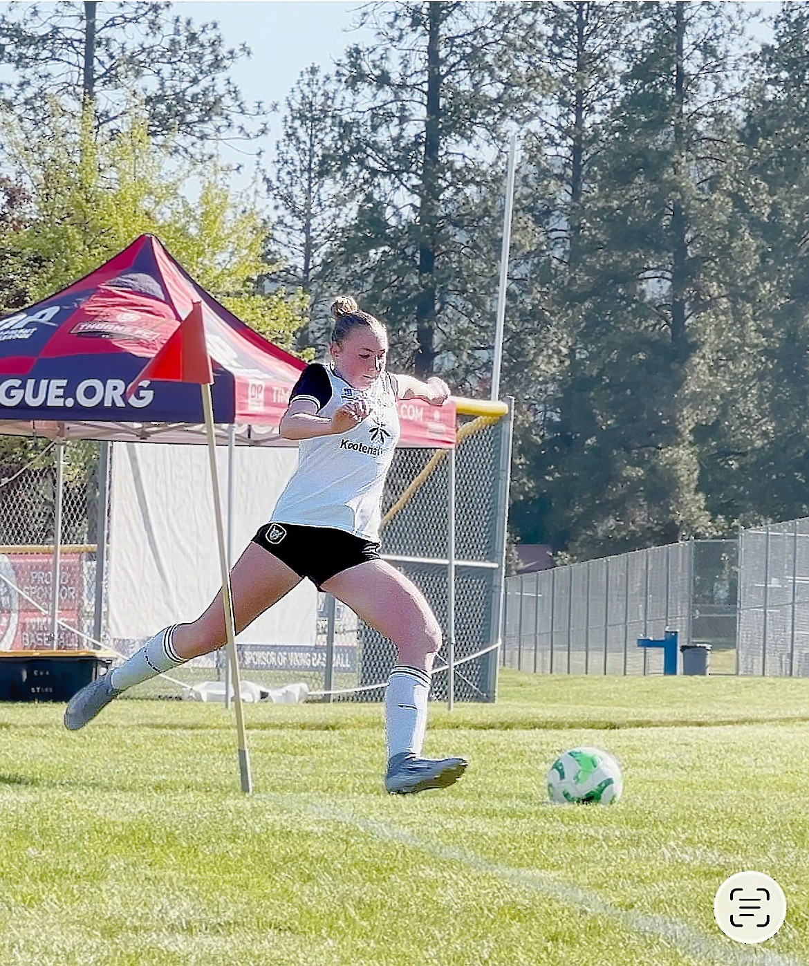 Photo by JULIE SPEELMAN
At the Bill Eisenwinter Hot Shot Tournament last weekend, the Sting Girls 11 lost 2-1 to the EW Surf on Saturday morning at the Canfield Sports Complex in Coeur d'Alene. Giuliana Petrillo scored the lone goal for the Sting. That afternoon, the Sting fell 1-0 to Indie Chicas at Canfield. On Sunday morning at Lake City High, the Sting lost 1-0 to the Surf. Pictured is Kenzie Rix of the Sting, on a corner kick.