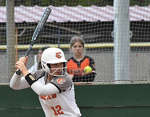 Bailey Falconer from the Tigers steps up to bat in a previous home game this year. Falconer drove in five runs on three hits against Prosser Saturday afternoon.