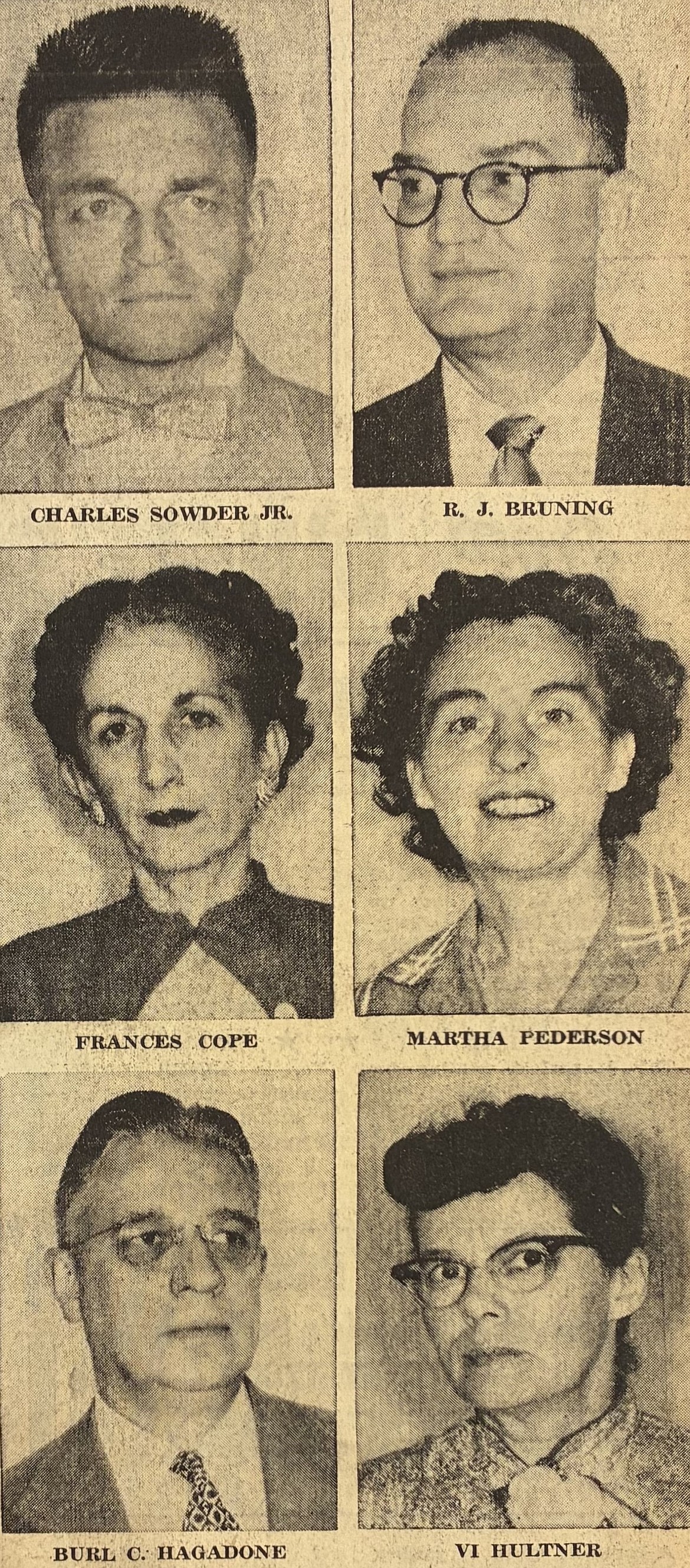 The expanded Coeur d’Alene Press staff of 1956 is shown (clockwise from top left): City Editor Charles Sowder, Editor R.J. Bruning, feature writer Martha Pederson, Society Editor Vi Hultner, Publisher Burl C. Hagadone and reporter/photographer Frances Cope.