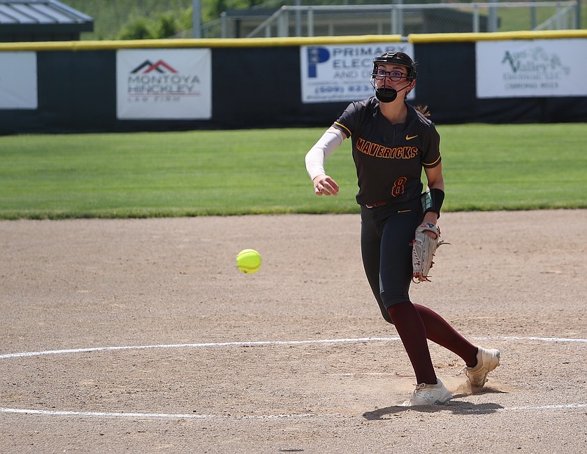 Caitlin Decubber (8) throws her next pitch against West Valley. The Mavericks suffered an 11-1 loss to the Rams in the district tournament Saturday, bringing an end to their season.