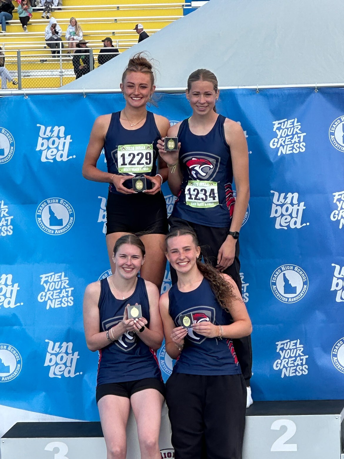 Courtesy photo
The Coeur d'Alene Charter girls 4x400 relay team captured the state 4A title at Middleton High on Saturday. In front row, from left are, Brielle Meine and Helen Oyler. In the back are Annabelle Carr and Reagan Meine.