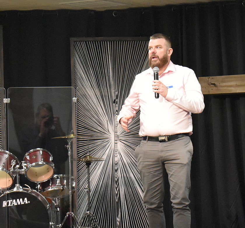 Joseph Hunter, a recovery advocacy manager with Thriving Together, shares his story of addiction and recovery at the Grant County Key Leader Event in Royal City May 14.