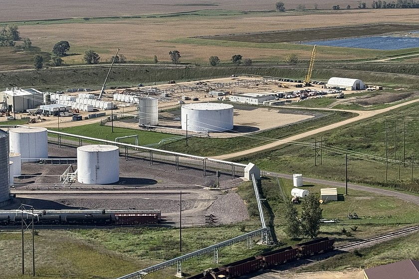 The thermal energy storage facility in Big Stone City, S.D., at top center, under construction in October 2025. (Bart Pfankuch/South Dakota News Watch via AP)