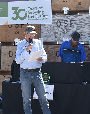 Okanagan Specialty Fruits Founder and CEO Neal Carter tells the story of his quest for non-browning apples at OSF’s 30th birthday party Thursday.