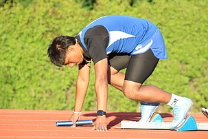 Lenny Campos from the Eagles prepares to start the 4x400 relay event at the district tournament Tuesday afternoon.