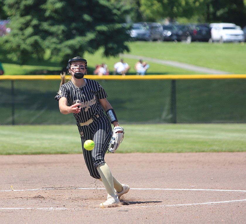 Jill Allred (6) throws her next pitch against Montesano on Friday. The Knights’ season concluded Saturday in the consolation bracket of the 1A state softball tournament.