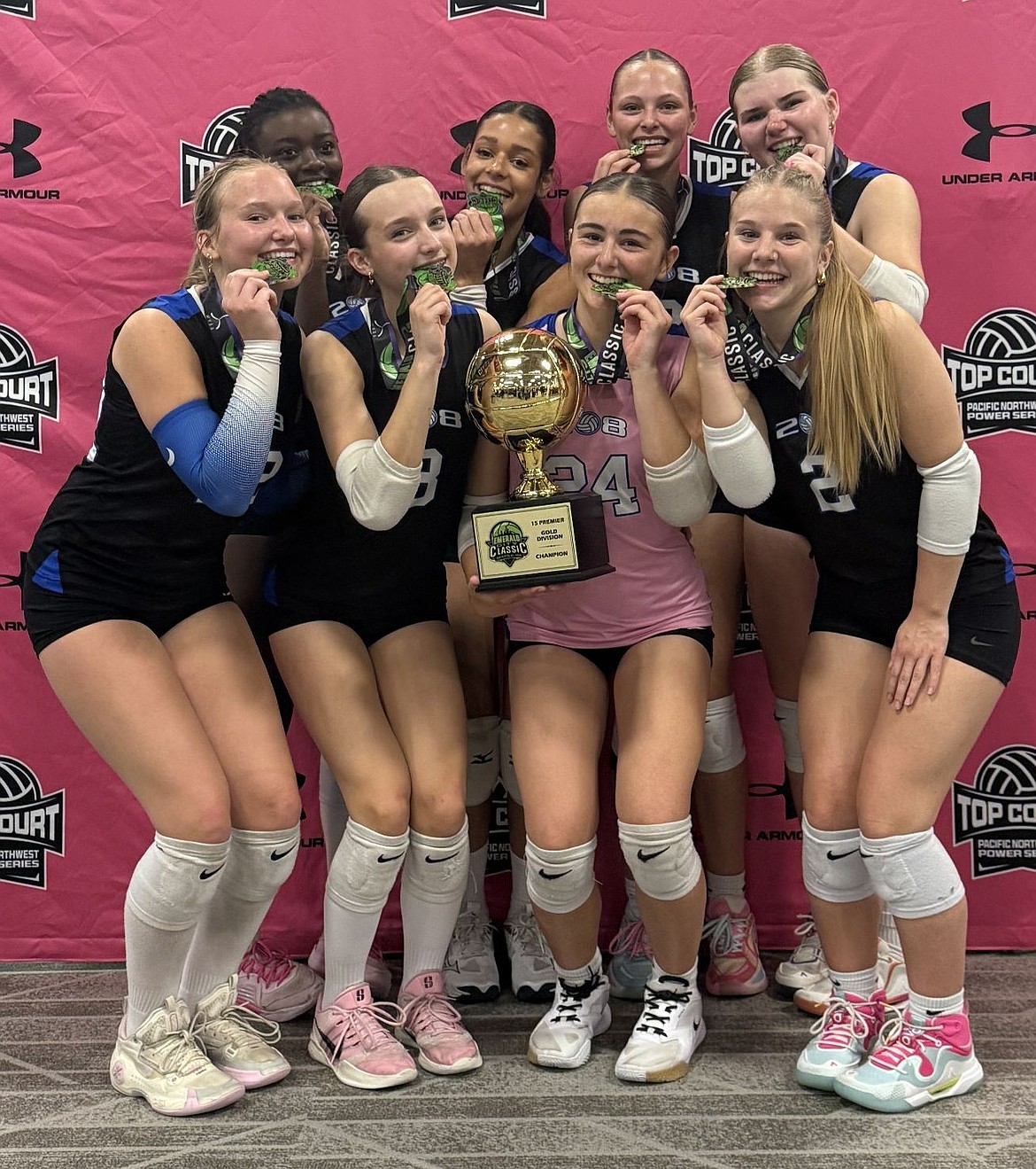 Courtesy photo
The 208 15 Elite Girls volleyball team took first place in the Gold Bracket at the 2026 Emerald City Classic in Seattle this past weekend. They finished first out of 36 teams in their age group and went 8-1 over the three days of playing, losing only three sets and winning 16. They beat Ignite 15 Red (from Lynnwood, Wash.) 25-20 and 25-14 in the championship match. In the front row from left are Brie Pulsipher, Capree Peone, Sophia Elwell and Willow Morlan; and back row from left, Zion Lemuta, Scarlet Garner, Gillian Board and Sage Ahmer.