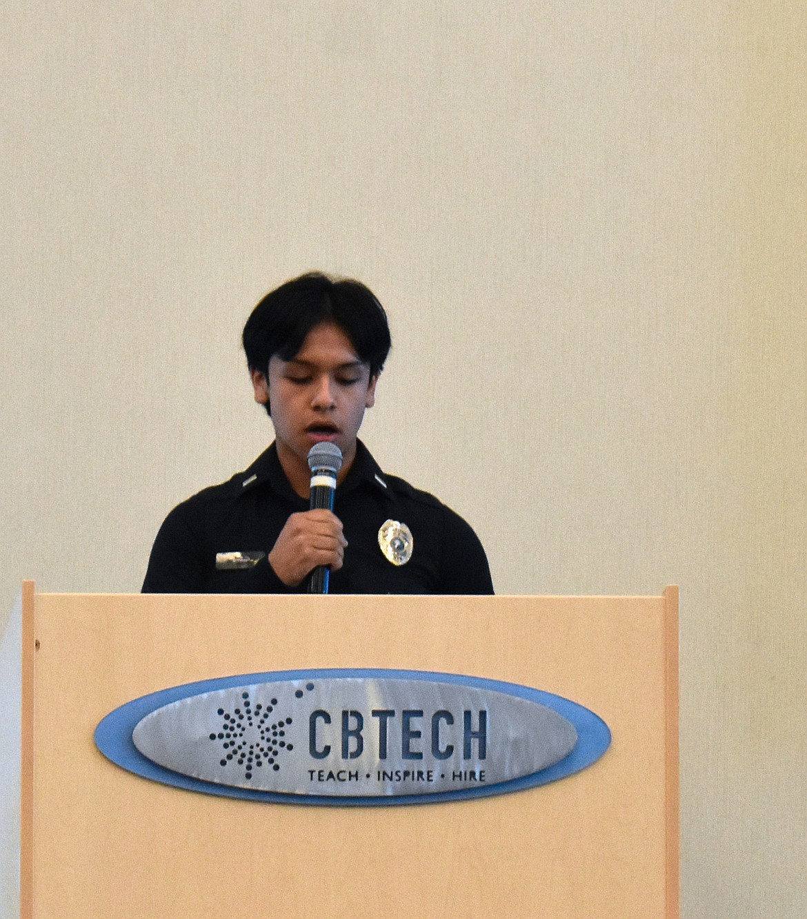 Student speaker Gerson Perez talks about the things he learned in the CBTECH Criminal Justice program at Tuesday’s graduation ceremony.