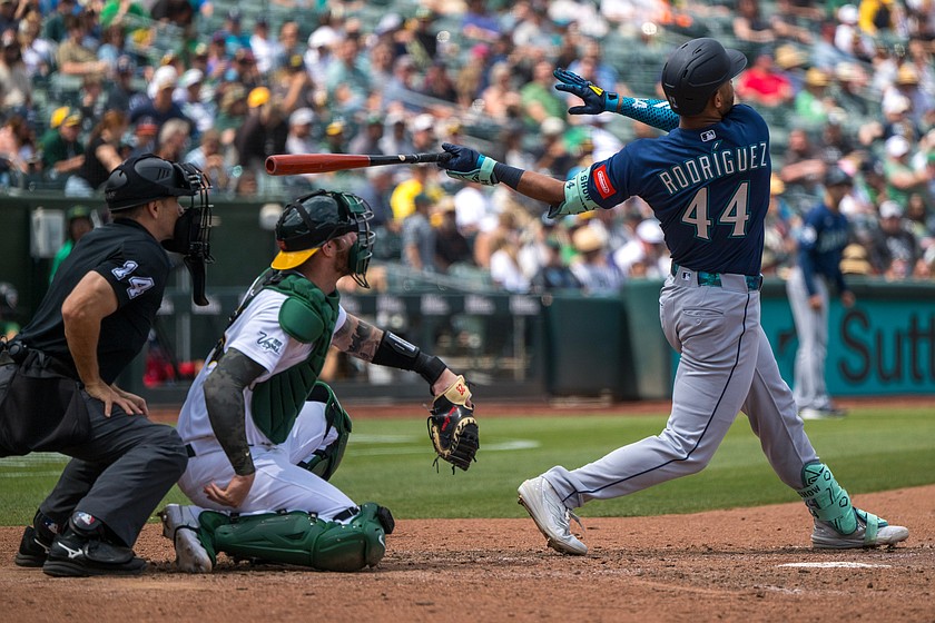 Seattle Mariners' Julio Rodríguez (44) hits a home run during the eighth inning of a baseball game against the Athletics in West Sacramento, Calif., Wednesday, May 27, 2026.