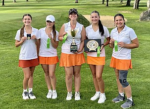 From left: Sophie Molitor, Stella Bayley, Cecilia Roth, Alyee Roberts and Rayn Castillo of the Ephrata Tigers pose for a team photo on the green earlier this season. All five were named to the Central Washington Athletic Conference 2026 All-League team.
