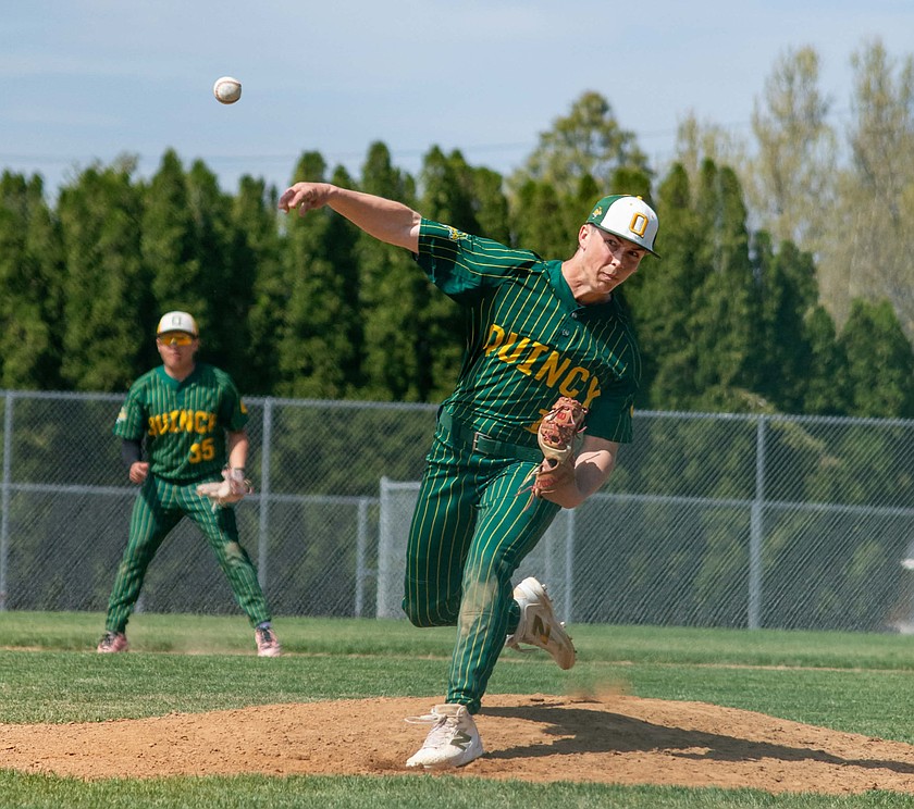 Quincy’s Ashton Barnes-Keller slings a pitch at the opposing batter in a game earlier in the season.