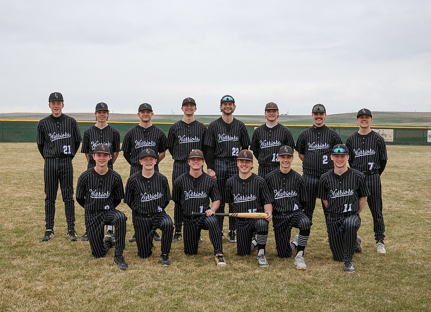 The Almira/Coulee-Hartline Warriors varsity lineup gets together for a team photo. Top: Eli Edwards, Levi Oliver, Evan Tipps, Max Grindy, Tucker Bayless, Josh Booker, Caden Correia and Luke Goetz. Bottom: Jackson Elder, Cade Carstensen, Harvest Parrish, Brody Pitts, Haydon Boyd and Nolan Grindy.