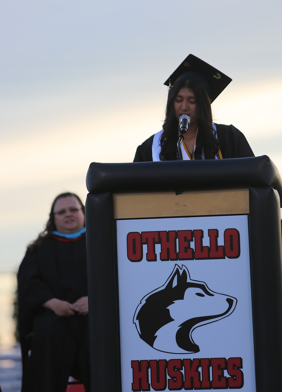 Co-Salutatorian Madelin Aguila-Villacana gives her speech to the audience at the 2026 Othello High School graduation.