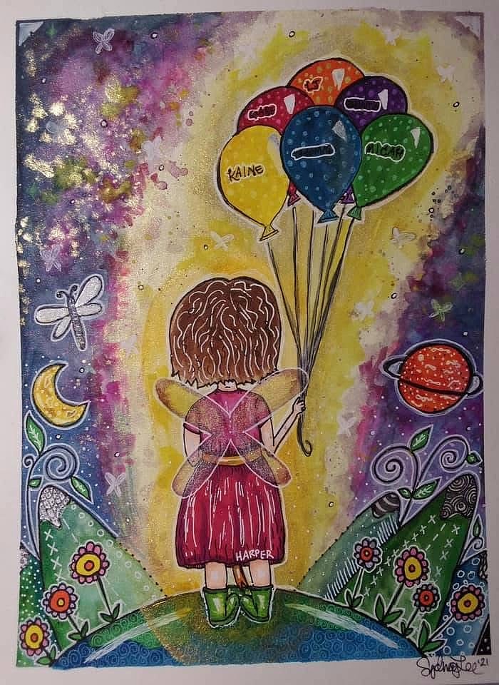 Artwork Sydney Reep-McKinnon made of their daughter Harper holding balloons with the names of her friends who died while she was in treatment: Kaine, Thomas, Micah, Quintin, LJ and Gabe.