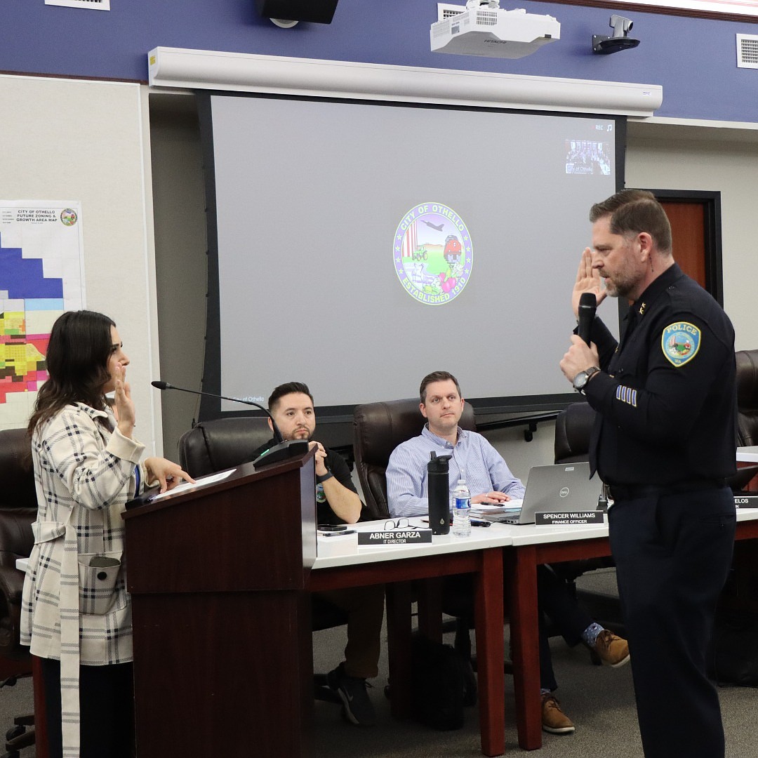 Brent McFarlane is sworn in as Othello Police Department assistant chief in March. He took over the chief’s job last week.