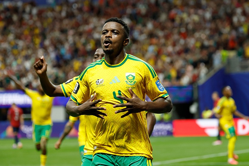 South Africa's Teboho Mokoena celebrates after scoring a penalty, his side's first goal during the World Cup Group A soccer match between Czechia and South Africa in Atlanta, Thursday, June 18, 2026.
