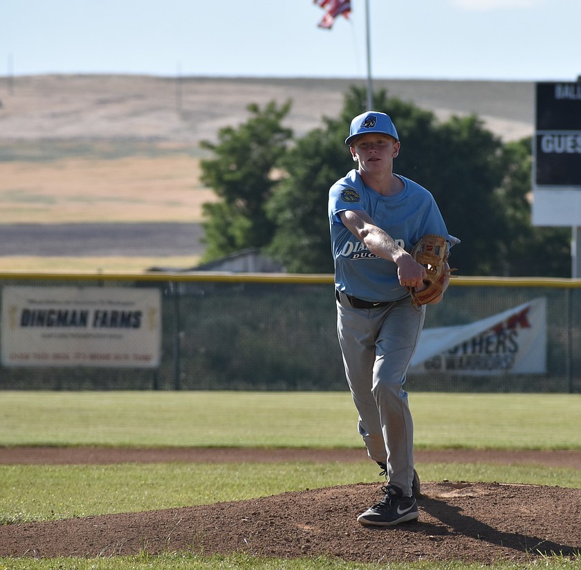 Cade Carstensen hurls a pitch for the Diamond Ducks in game two against the KC Cowboys Thursday.