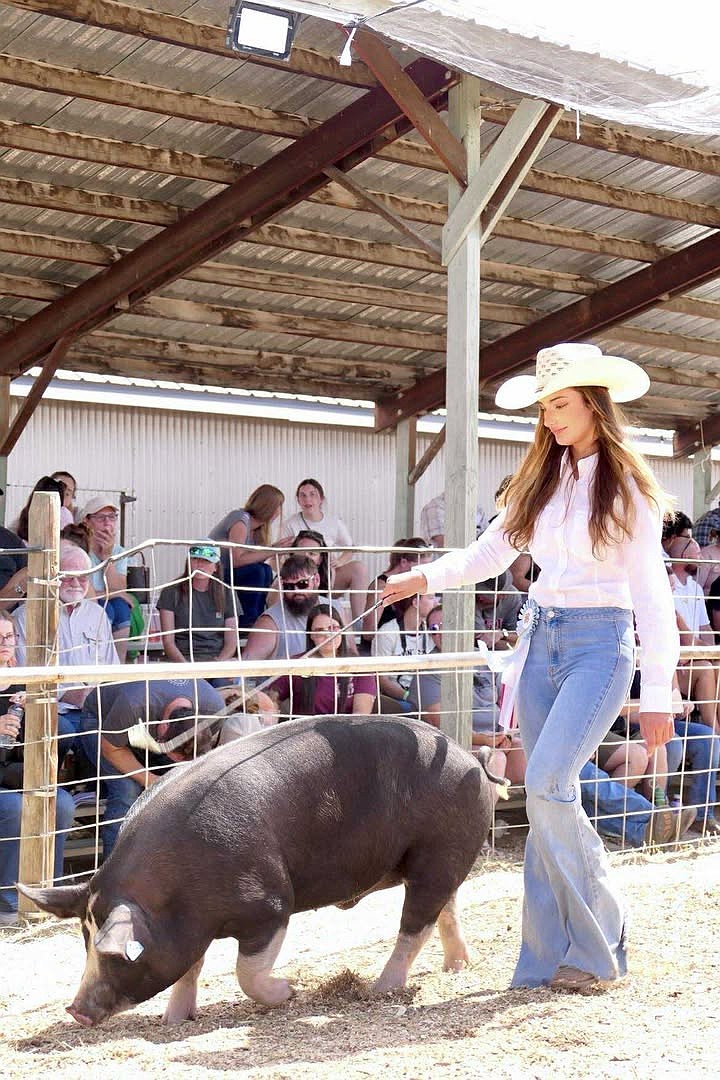 A livestock contestant shows her pig during the NCW Fair in 2025.