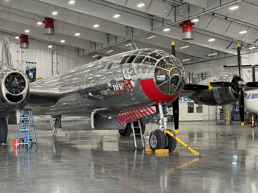 The WWII B-29 Superfortress "Doc" bomber is temporarily housed in a hangar at Grant County International Airport for engine and propeller maintenance.