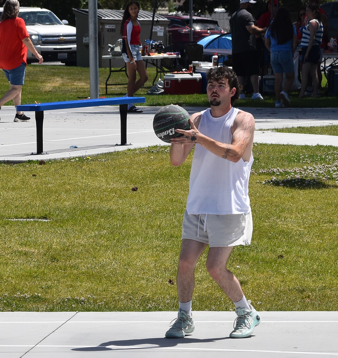 One of the Ball Brothas players prepares to make a shot at the net while warming up Saturday afternoon.