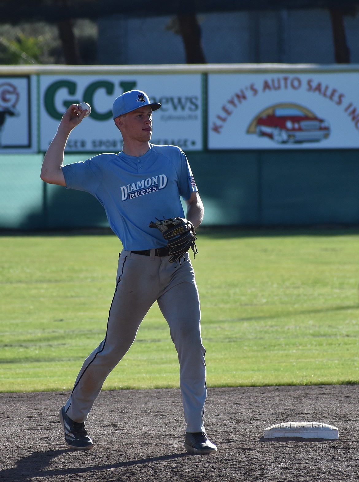 Nolan Grindy from ACH throws the ball back toward the diamond while staying vigilant at second base during a game in Ephrata this season.