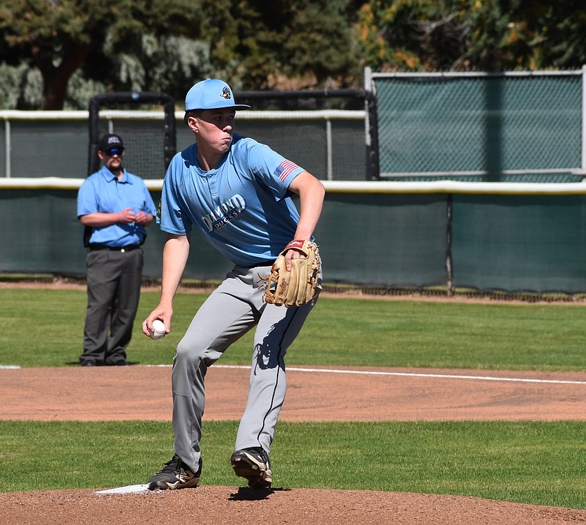 Diamond Ducks pitcher Eli Edwards prepares to sling a pitch at his opponent during Thursday’s game against Milton Freewater in the postseason tourney.