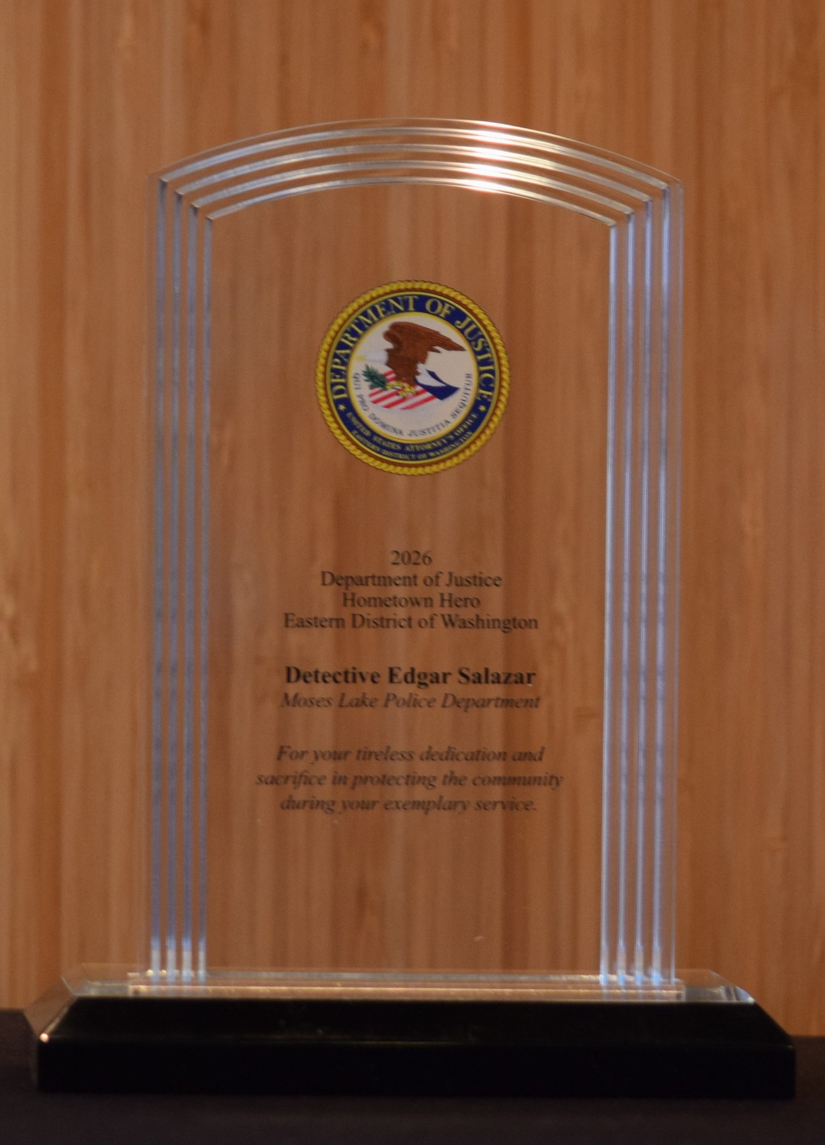 Moses Lake Police Dept. Edgar Salazar’s award sits on the table before the ceremony Thursday.