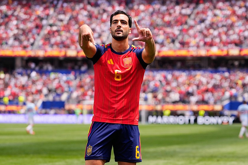Spain's Mikel Merino (6) celebrates scoring their second goal during the World Cup quarterfinal soccer match between Spain and Belgium in Inglewood, Calif., near Los Angeles, Friday, July 10, 2026. (AP Photo/Mark J. Terrill)