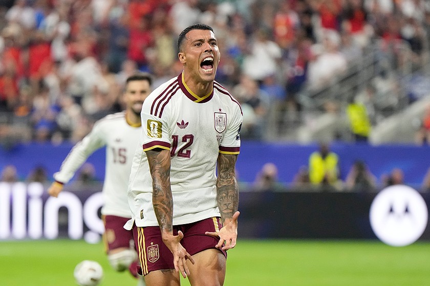 Spain's Pedro Porro reacts after scoring his side's second goal during the World Cup semifinal soccer match between France and Spain in Arlington, Texas, near Dallas, Tuesday, July 14, 2026.