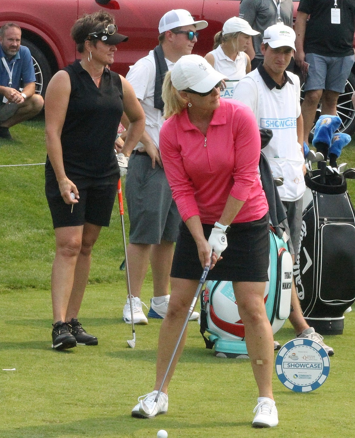 Pro golfer Tracy Hanson, formerly of Rathdrum, tees off during The Showcase golf exhibition at The Coeur d’Alene Resort Golf Course in 2021.