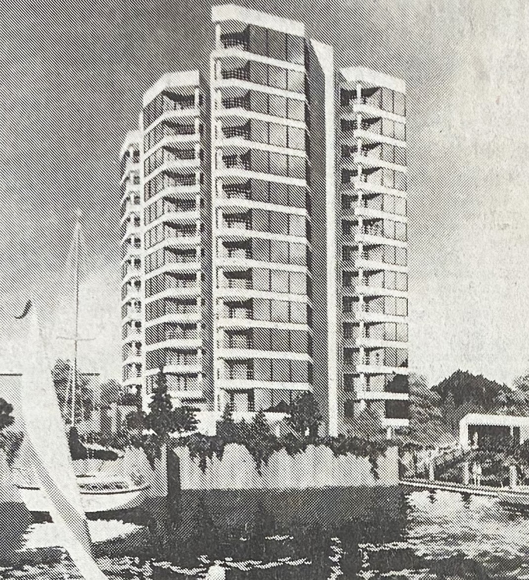 In 1981, developer Terry Phillips presented an artist’s rendering of his proposed 14-story condo project.