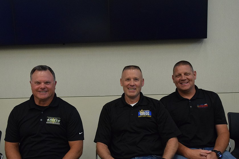 Grant County Sheriff’s Candidates Joey Kriete (left), Darrick Gregg (middle) and Josh Sainsbury (right) prepare for the Moses Lake Chamber of Commerce candidate forum Tuesday night.