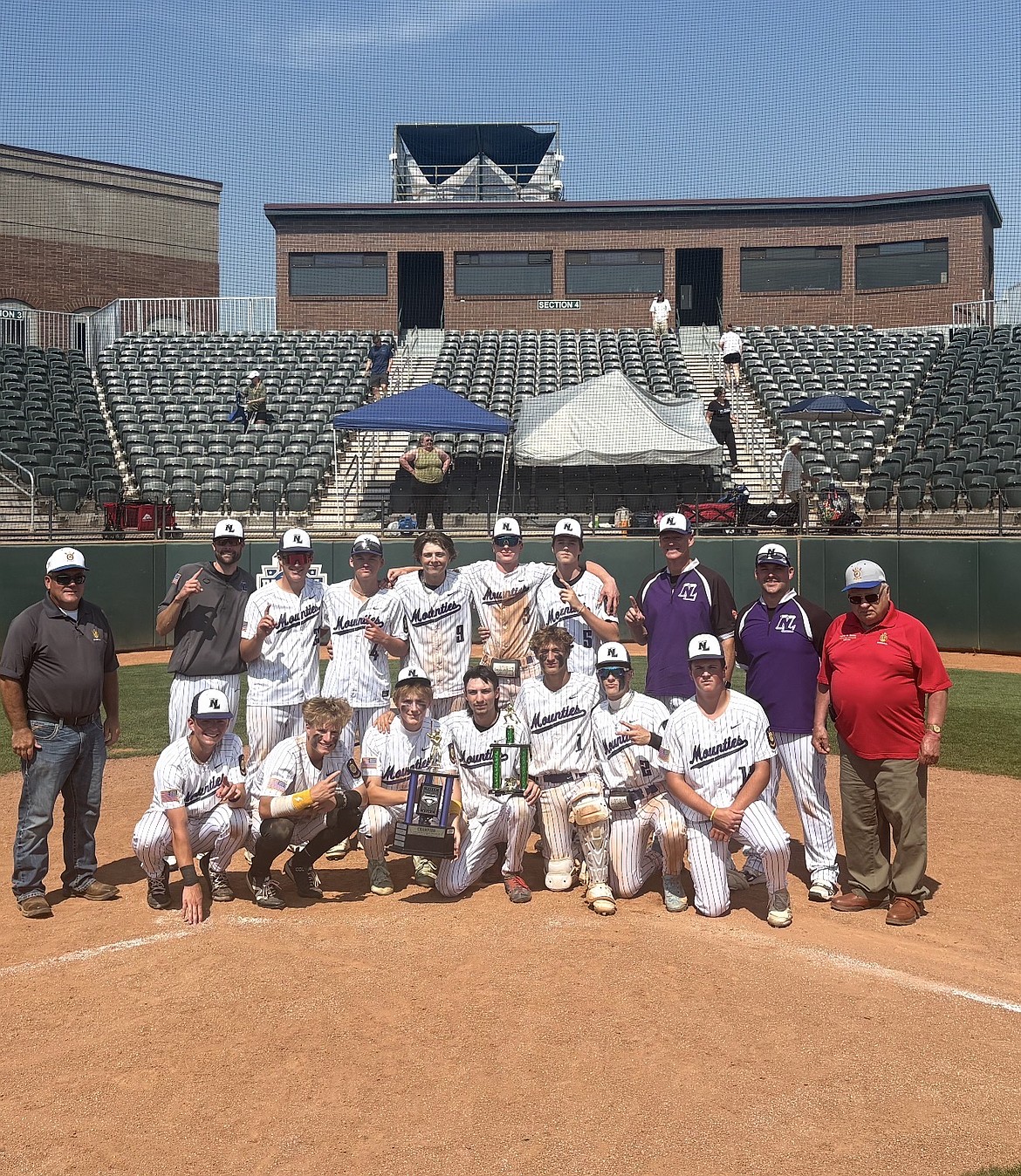 Courtesy photo
The Northern Lakes Mountaineers American Legion baseball team won the Class A Area tournament on Sunday at Harris Field in Lewiston. In the front row from left are Parker Byrd, Ryker Brennan, Jake Larcher, Ethan Pecor, Gage Haines, Dane Perkl, Grant Rigler. In the back are American Legion representative Dean Shears, coach Bryce Johnson, Titus Tenney, Gage Tenney, Nate Beardsall, Matthew Junkin, Crue Weitz, coach Ross Junkin, coach Andy Tenney and American Legion representative Morris Bentley.