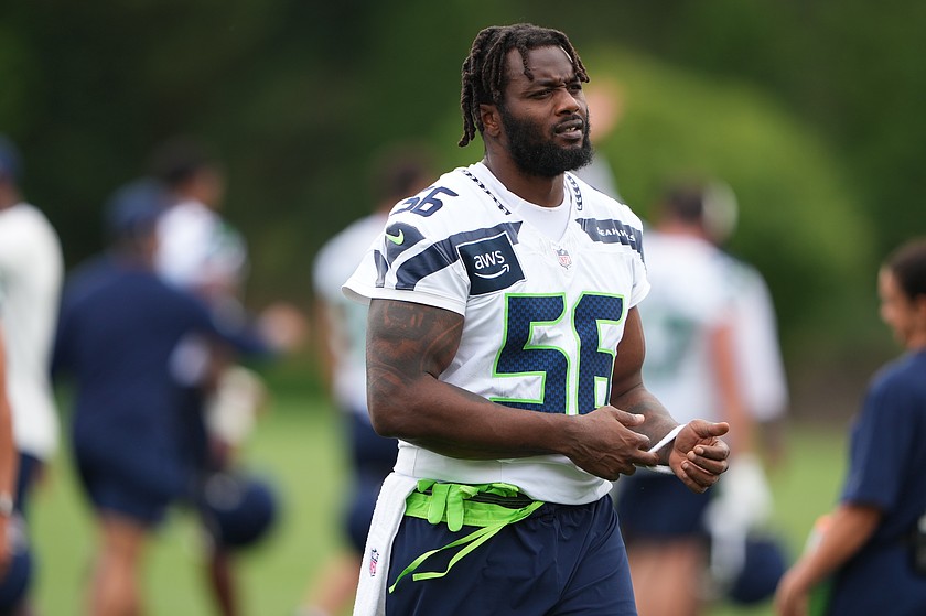 Seattle Seahawks linebacker Dante Fowler Jr. walks on the field during the NFL football team's training camp, Sunday, July 26, 2026, in Renton, Wash.