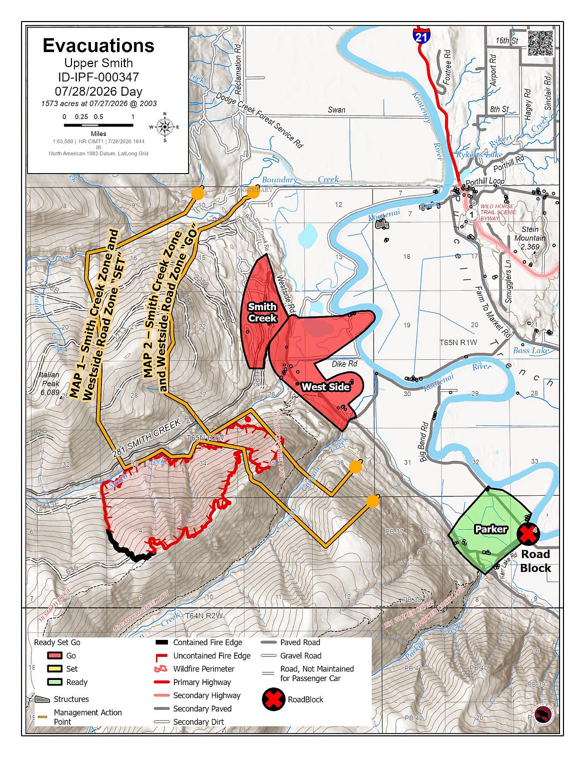 A map showing the evacuation zones on the Upper Smith Fire.