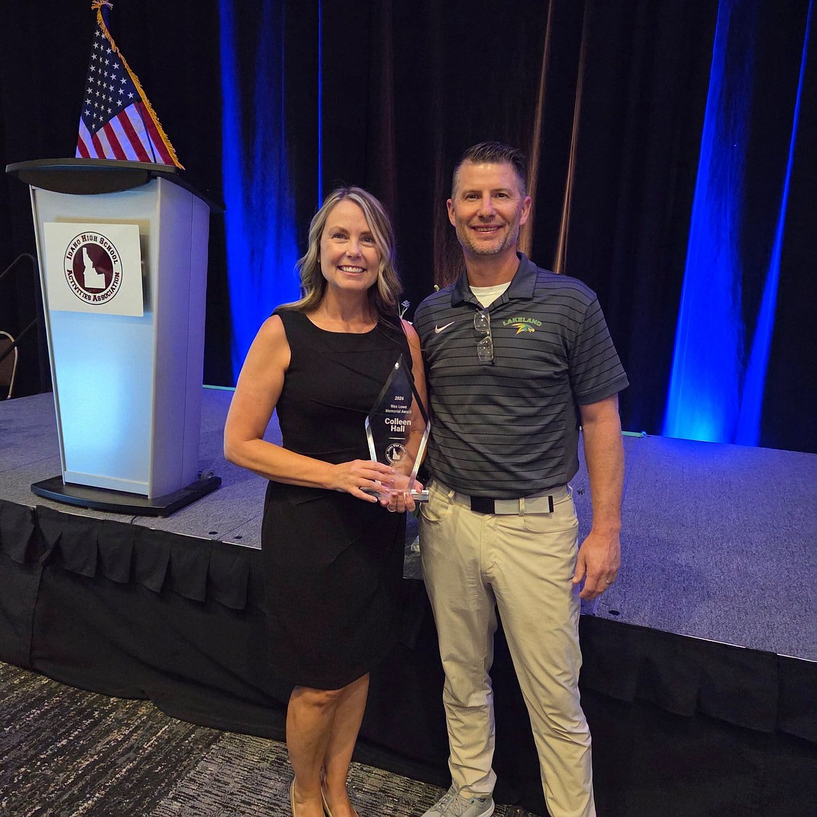 LAKELAND HIGH SCHOOL
Lakeland High teacher Colleen Hall was present the Wes Lowe Memorial Award during Tuesday's Idaho High School Hall of Fame Banquet at the Boise Centre in Boise. The award is given to an individual who teaches high principles by example and who places students' well being far above personal gain. Hall is pictured with Lakeland athletic director Matt Neff.