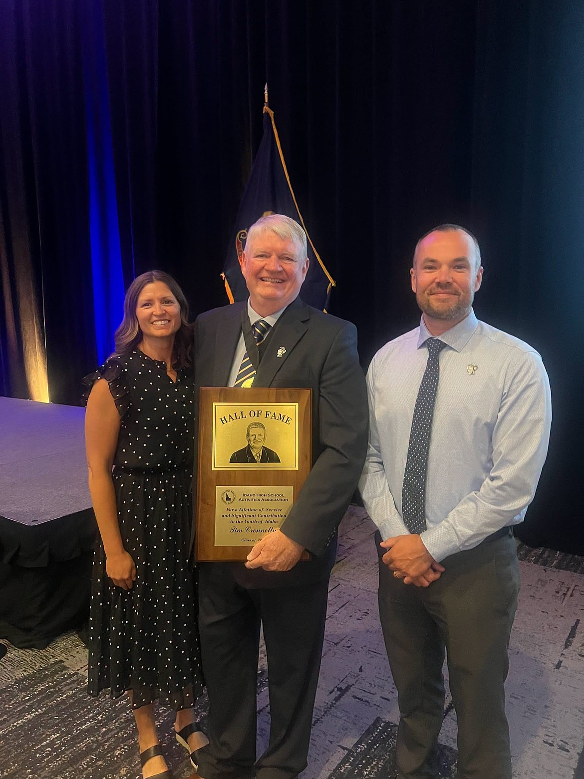 LAKELAND HIGH SCHOOL
Longtime Timberlake and Lakeland High athletic director Tim Cronnelly was inducted into the Idaho High School Activities Association Hall of Fame on Tuesday at the Boise Centre in Boise. Pictured are Lakeland SPED Director/Federal Programs Director Kelsie Badger, Tim Cronnelly and Lakeland interim superintendent Jake Massey.