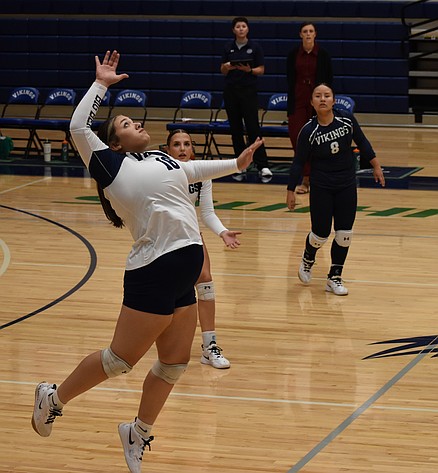 Jaeda Gonzalez from BBCC leaps up for the kill during a volleyball game last fall. Gonzalez has spent the offseason preparing to make a strong return for her sophomore year.