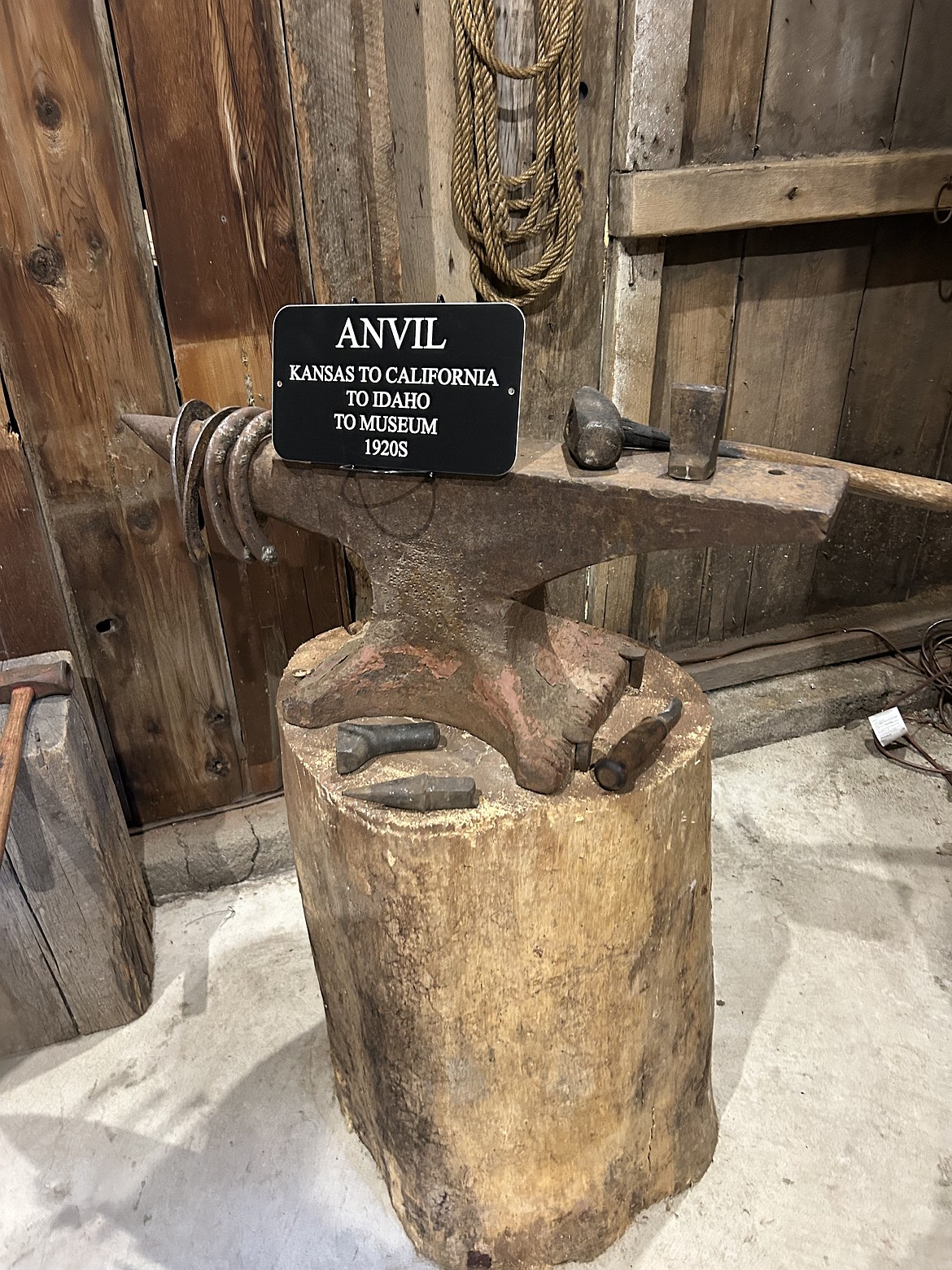 An anvil is displayed in the Jacklin Ranch Farm Museum.