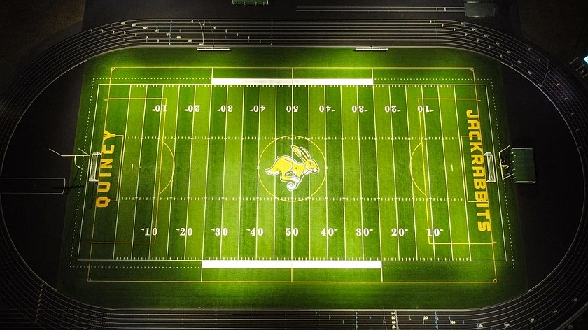 An overhead night photo of the Quincy Jackrabbits’ stadium. The 2026 Wall of Fame Inductees will be honored here at halftime during the September 18 Quincy vs Ephrata football game.
