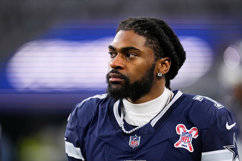 FILE - Dallas Cowboys cornerback Trevon Diggs (7) walks along the sideline during the first half of an NFL football game against the Los Angeles Chargers, Dec. 21, 2025, in Arlington, Texas. (AP Photo/Tony Gutierrez, File)
