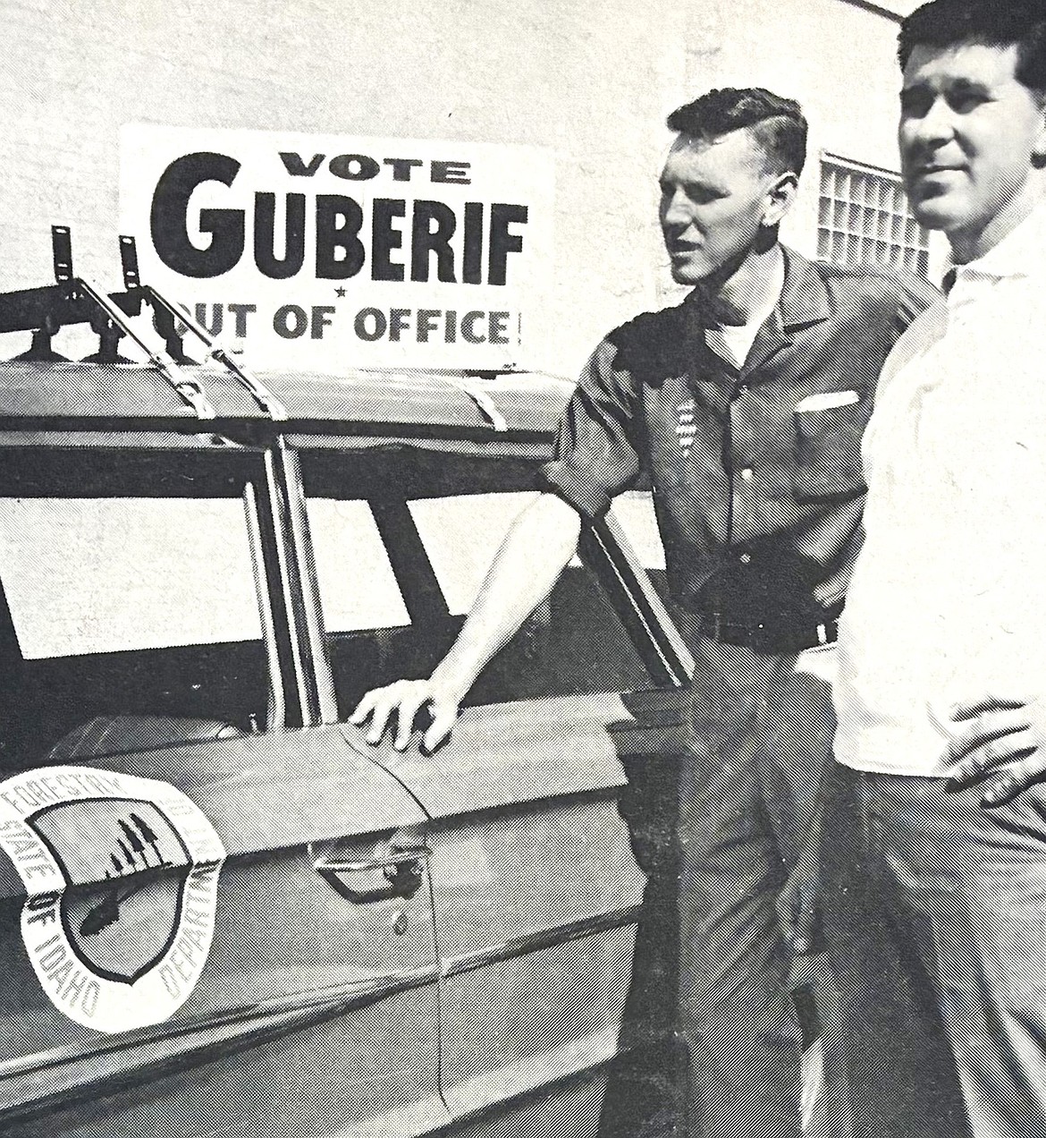 In 1966, Jaycee officials Archie McGregor, left, and Ben Kohler promoted Keep Idaho Green’s campaign, “Vote Guberif Out of Office.”